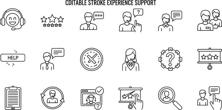 Customer experience support service helpdesk communication feedback rating assistance outline editable stroke vector icon set for customer care interface design