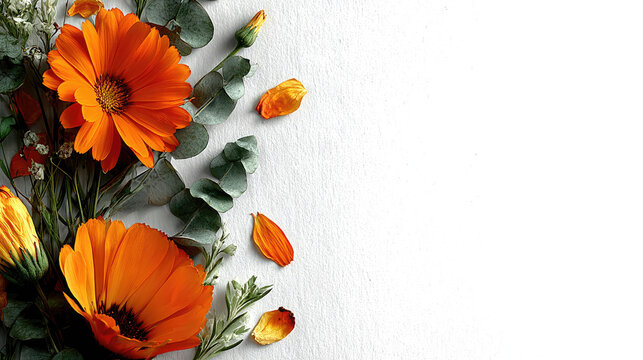 Vibrant Orange Calendula Flowers and Greenery on White Background.