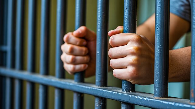 Hands gripping prison bars concept of crime punishment and imprisonment  