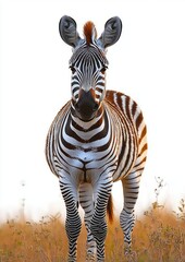Fototapeta premium Curious zebra standing in dry grass, facing camera with bold black and white stripes and a calm, alert expression in warm backlit light