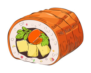Traditional Japanese Sushi Maki Roll With Sliced Vegetables And Fresh Salmon Topping For Healthy Oriental Dining Experience - Vector Illustration © powdesign