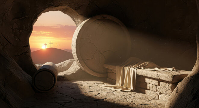 Jesus Christ's empty tomb at sunrise with the stone rolled away, revealing burial cloths, a profound symbol of the resurrection and new life.