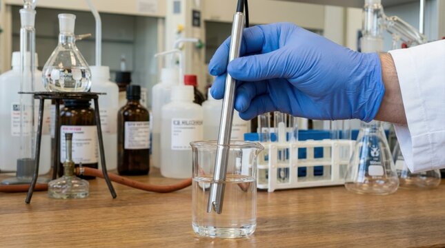 Scientist using a ph meter to measure the acidity of a liquid in a beaker