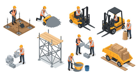 Construction Site. Building Process. Isometric Illustration. Vector Graphics. Work Elements. © khafid