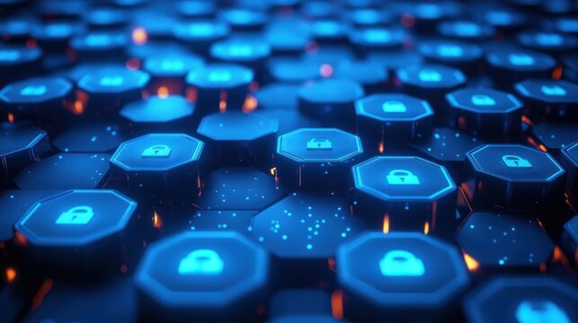 glowing blue hexagonal tiles with padlock icons on a futuristic 3d grid illuminated by orange accents, evoking secure digital protection and high-tech atmosphere