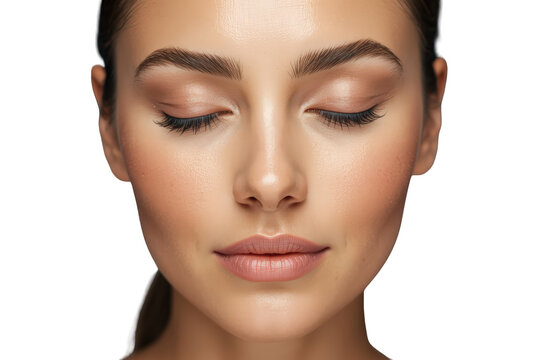 Woman face with closed eyes having glowing skin, natural makeup, and long eyelashes, transparent background