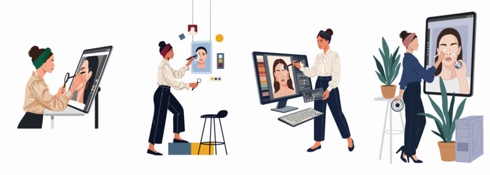 Illustrations of female photo retouchers and digital artists working on portrait editing using professional tablets and computers in a creative studio environment.