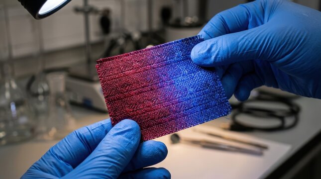 Scientist holding a piece of smart fabric with a red and blue gradient