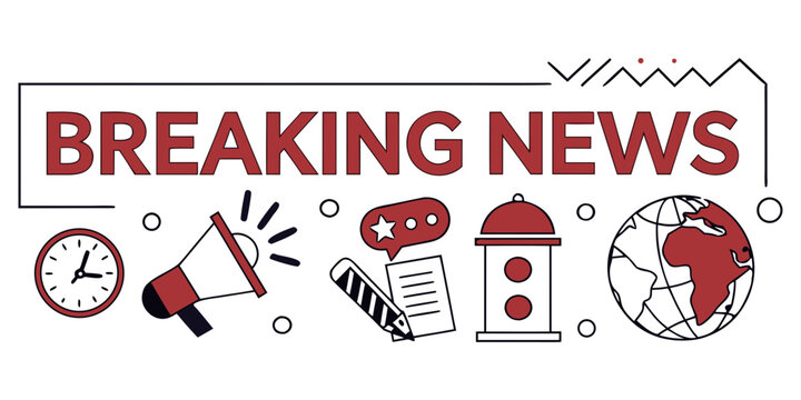 Breaking news header concept with infographic elements icons of globe megaphone clock and documents breaking information broadcast journalism communication announcement announcer