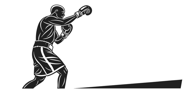 Graphic illustration of a boxer in a defensive stance wearing gloves in high contrast black and white with training fighting competition defensive illustration isolated strength exercise