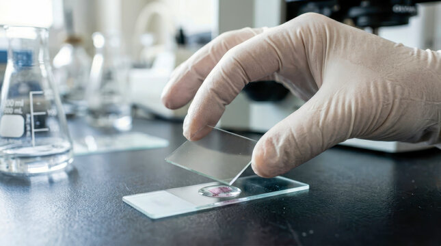 Scientist placing a coverslip over a biological sample on a microscope slide