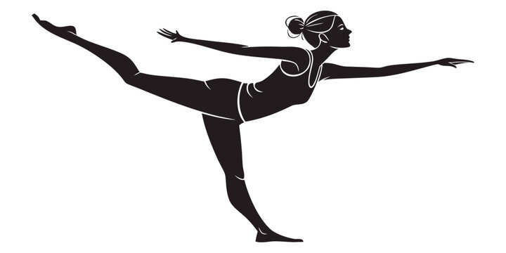 Silhouette of a woman performing a yoga dancer pose isolated on white background with silhouette stretching wellness exercise training lifestyle flexible activity strength practice
