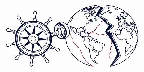Obraz premium Broken world globe connected to a vintage ship helm steering wheel vector illustration with steering direction navigation metaphor environment leadership disaster geography international