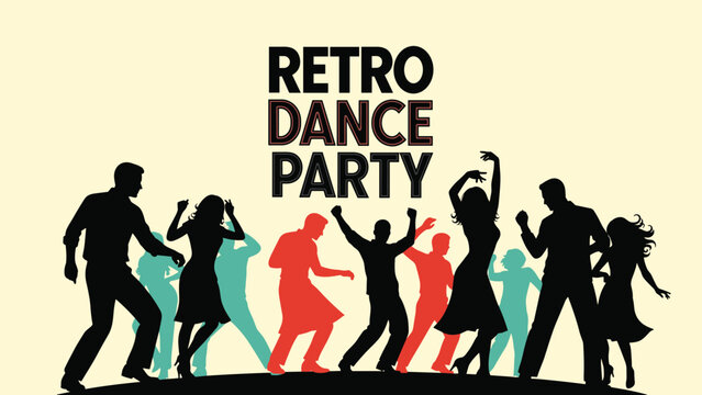 Silhouettes of diverse people dancing at a retro dance party event against a cream background with bold stylish typography text.