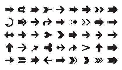 Fototapeta premium Set of black flat arrows, signs and icons isolated on white background for user interface.