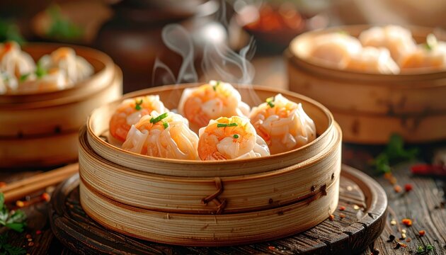 Steaming Har Gow Shrimp Dumplings in Bamboo Baskets, Delicate Asian Delicacy Served Hot.