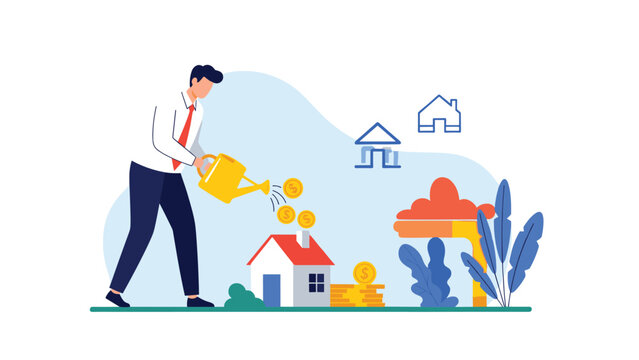 Businessman using a yellow watering can to water a small house causing gold coins to fall as symbols of financial investment.