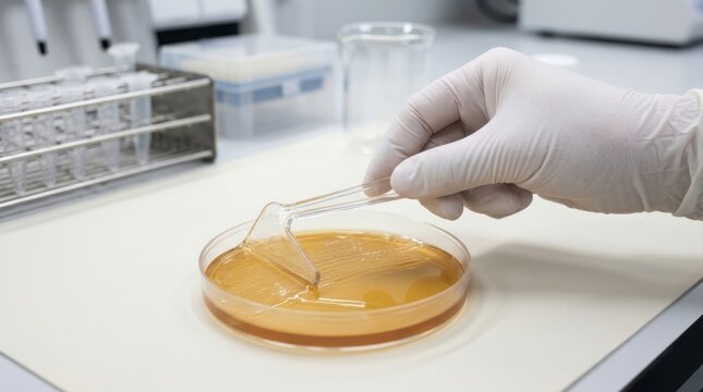 Scientist using a spreader to streak bacteria on an agar petri dish