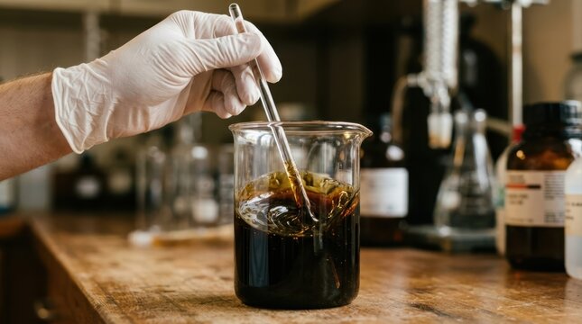 Scientist stirring a dark viscous liquid in a glass beaker in a laboratory
