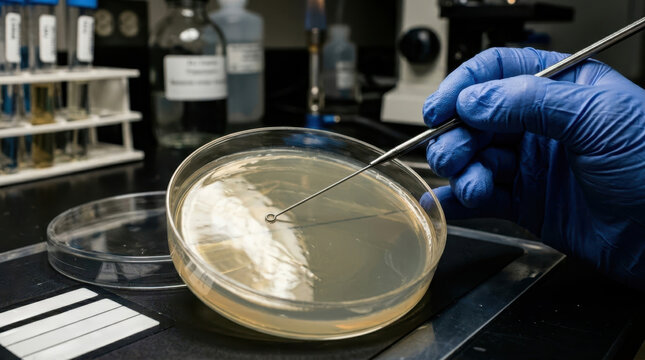 Scientist using an inoculation loop on an agar plate in a laboratory
