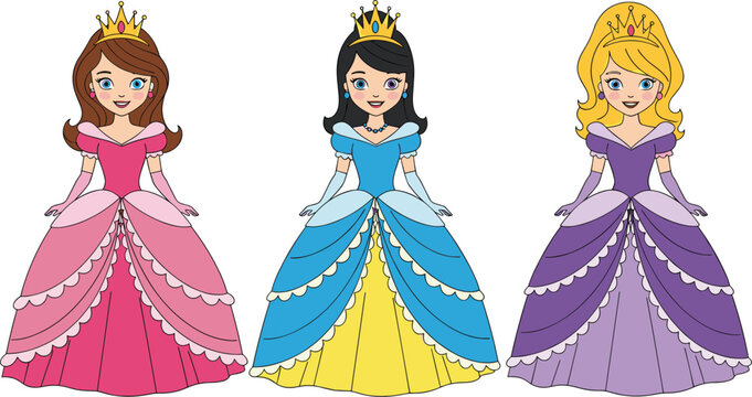 Beautiful princess characters vector illustration featuring elegant fairy tale girls in colorful gowns royal cartoon collection isolated design