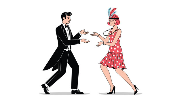 Elegant gentleman in a tuxedo and a lady in a polka dot flapper dress dancing together in a classic vintage style from the roaring twenties.