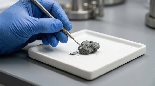 Scientist in blue gloves examining a lunar rock sample in a laboratory