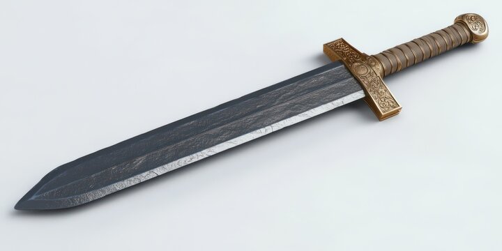 ornate short sword with dark textured steel blade and golden engraved hilt resting on a clean white surface, evoking regal elegance and quiet power