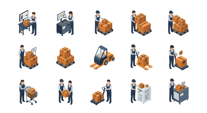 Warehouse Logistics Isometric Icons. Delivery Workers. Supply Chain Management. Vector Set.