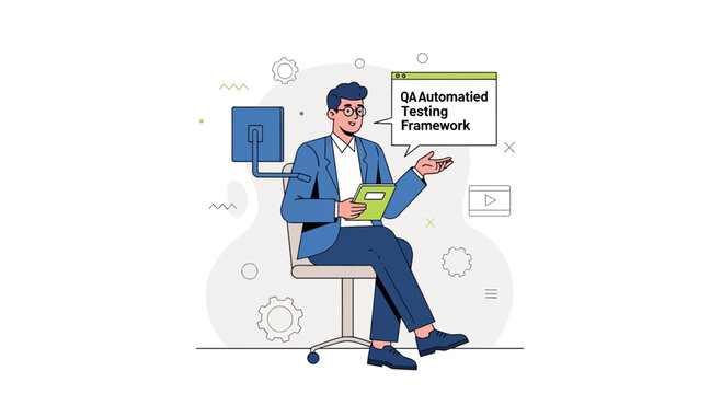 Man in Suit Discussing QA Automated Testing Framework with Presentation
