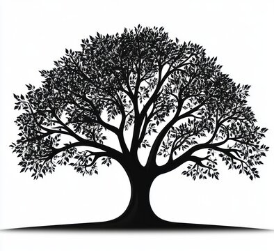 Majestic broadleaf tree silhouette with sprawling branches and dense leaves, calm and grounded black-and-white minimalist illustration