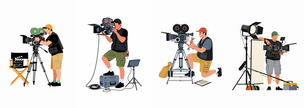 Set of illustrations featuring professional film crew members and cinematographers operating movie cameras and production equipment on a studio set.