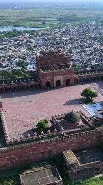 Vertical Aerial View of Buland Darwaza in Fatehpur Sikri India Mughal Architecture