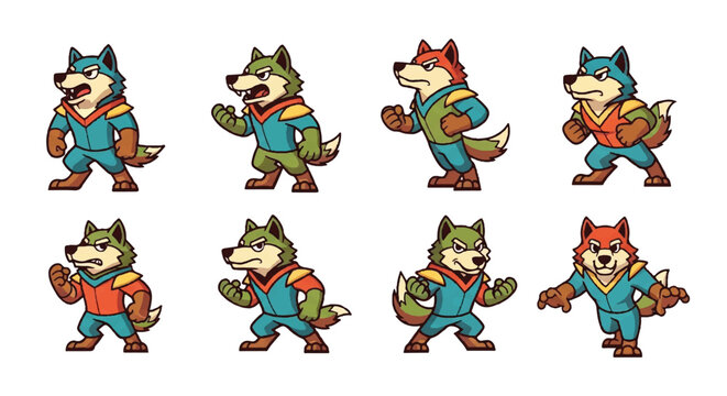 Cartoon wolf characters in action poses with various color schemes