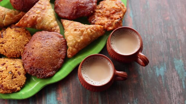 Milk tea with assorted Kerala snacks Ulli vada spicy onion fritters  Parippu Vada or Paruppu Vadai made with toor dal Samosa crunchy triangular shaped wraps Neyyappam bonda undampori. 