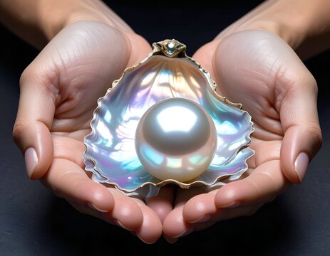 Close up view of human hands holding a large open oyster seashell revealing a giant glowing white pearl