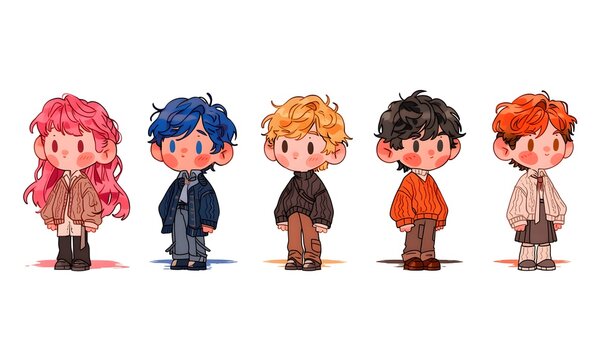 5 cute chibi characters standing in a row, mixed boys and girls, big round head small stubby body