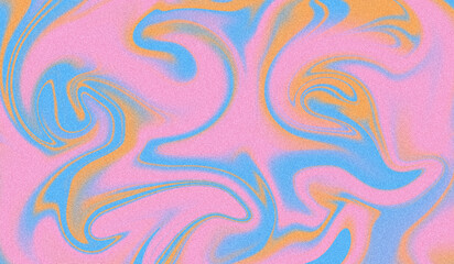 Obraz premium Abstract background with a soft liquid marble swirl effect in vibrant pastel pink, blue, and orange colors, featuring a trendy grainy texture, artistic fluid flow, and modern holographic aesthetic