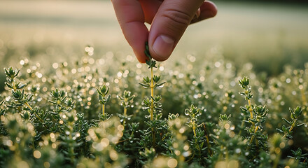 Fototapeta premium A human hand gently nurtures a tiny, dew-covered green plant in a lush field bathed in soft morning light.