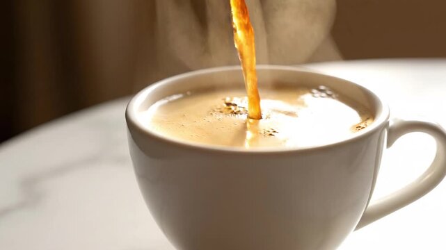 Hot coffee being poured into white cup with crema in warm morning light