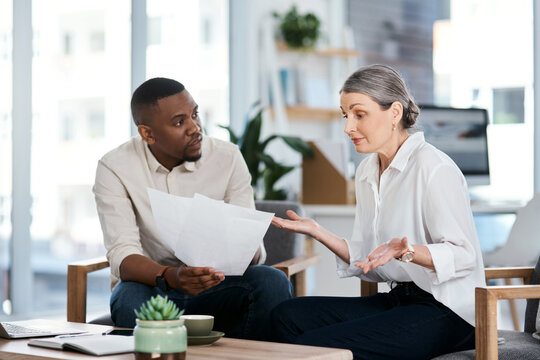 Business people, meeting and documents with confused colleague for project mistake in office. Businessman, woman or paperwork with unsure employee for work schedule, agenda or tasks in workplace