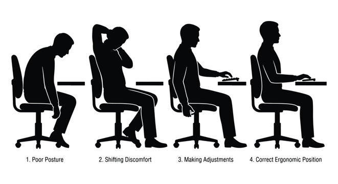 Ergonomic sitting posture guide with male silhouettes, correct and poor office chair positions, spinal health and workplace wellness vector