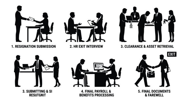 Employee resignation and offboarding process silhouettes, HR exit interview and asset retrieval vector set, corporate job termination steps