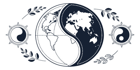 Earth globe yin yang symbol concept with sun elements and foliage borders geography conceptual spiritual wellness lifestyle environment illustration monochrome isolated template © Bs