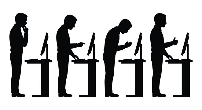 Ergonomic standing desk posture silhouettes, man working at computer workstation, correct and incorrect office body alignment vector set