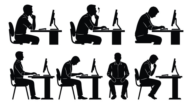 Ergonomic posture silhouette set, office worker sitting at desk with computer, correct and incorrect sitting positions for workplace health