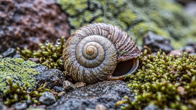 Close-up of a snail shell resting among mossy rocks with a gentle water droplet