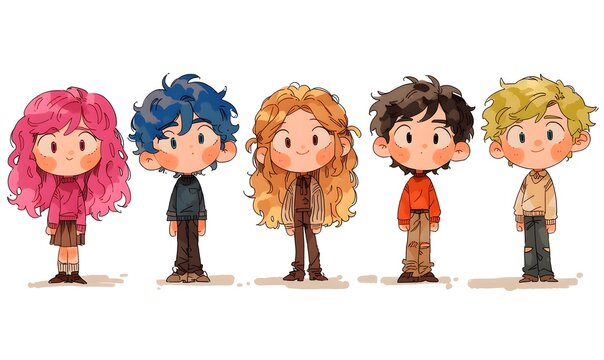 5 cute chibi characters standing in a row, mixed boys and girls, big round head small stubby body