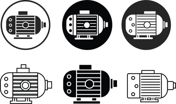 Electric motor icon set, black flat vector illustrations of industrial DC electromotor symbols, clean and modern design suitable for mobile apps, websites, and UI interfaces.