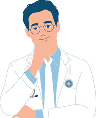 Fototapeta premium Professional vector illustration of a thoughtful senior male doctor wearing white coat and stethoscope with hand on chin representing medical expertise healthcare consultation and clinical resear